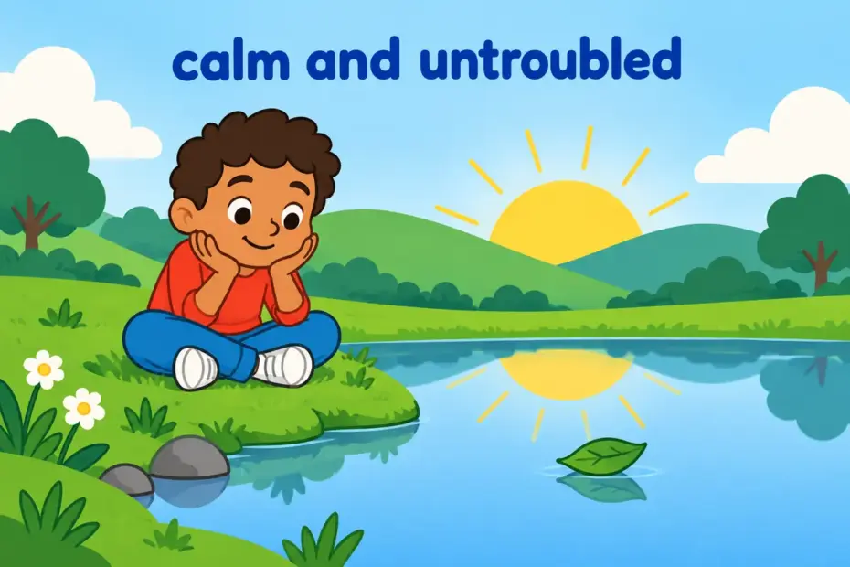 Cartoon child sits calmly by a still pond at sunrise, showing serene in a sentence as quiet, untroubled calm.