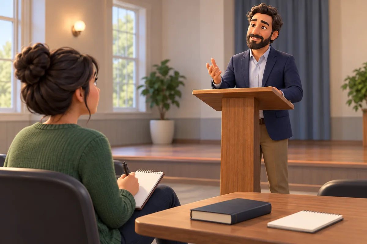 A listener follows a sermon while a speaker gestures beside a closed book and handwritten notes.