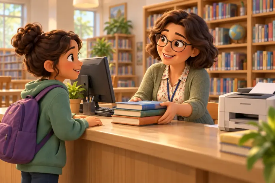 A librarian assists a visitor at a counter.