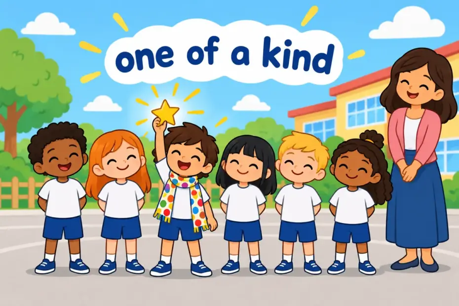 Cartoon pupils in a row with one child glowing differently, showing set apart in a sentence as standing out from the group.