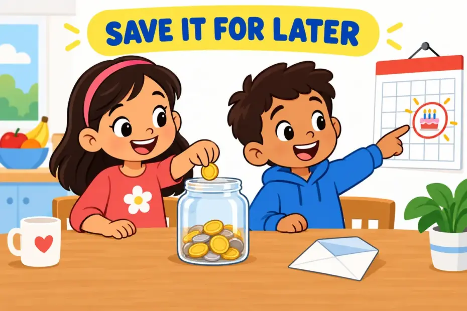 Cartoon pupils drop coins into a jar labelled with a star, showing set aside in a sentence as saving for a purpose.