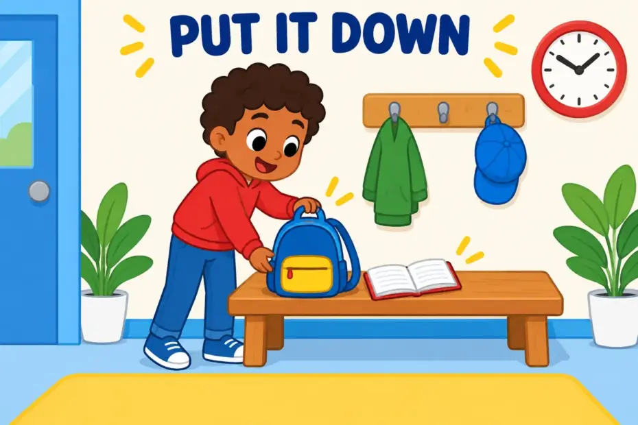 Cartoon child places a school bag on a bench beside a small notebook, illustrating set down in a sentence as placing and recording.
