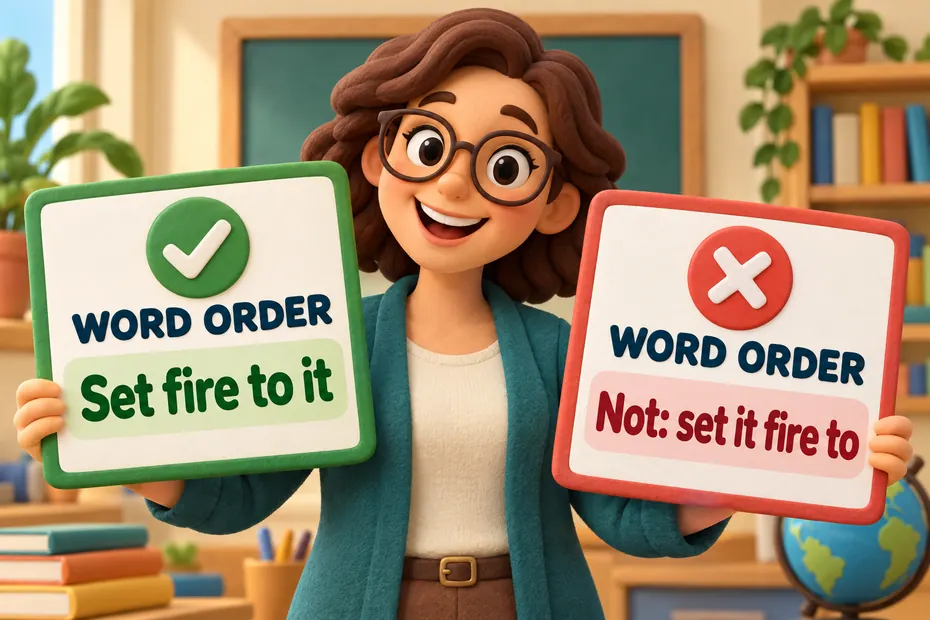 Set fire to it is correct word order; set it fire to is incorrect.