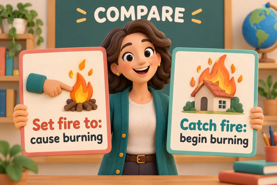 Set fire to describes causing burning; catch fire describes beginning to burn.