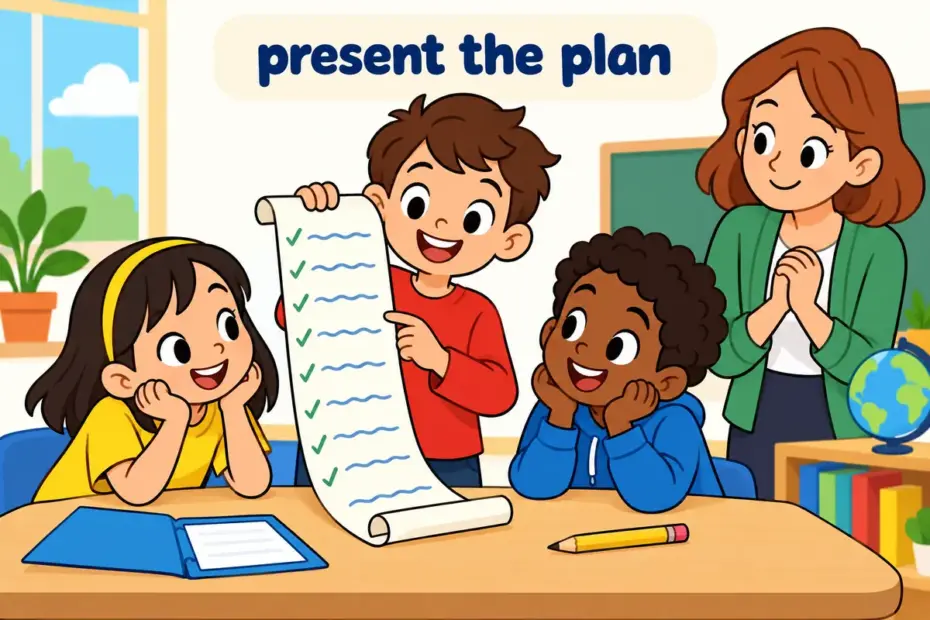 Cartoon child unfurls a written plan on a classroom board, showing set forth in a sentence as formally presenting an idea.