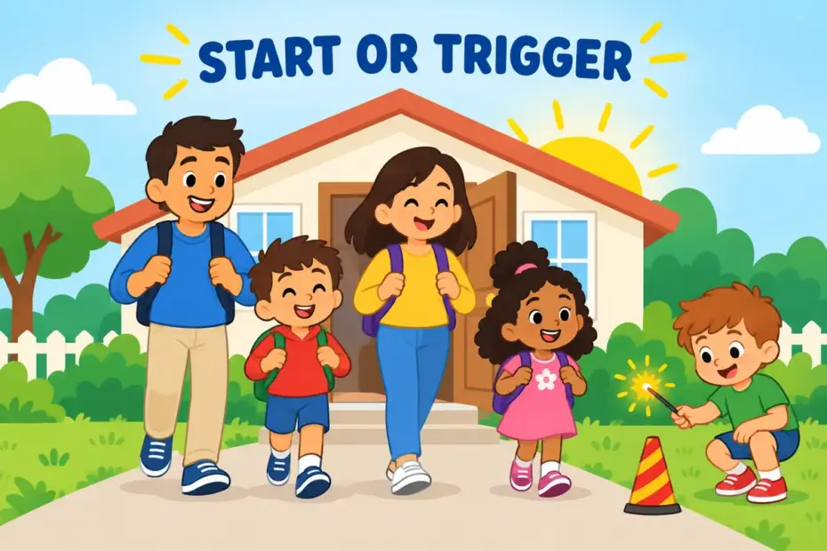 A cartoon family leaves home at dawn while a spark lights a firework, showing set off in a sentence as starting or triggering.