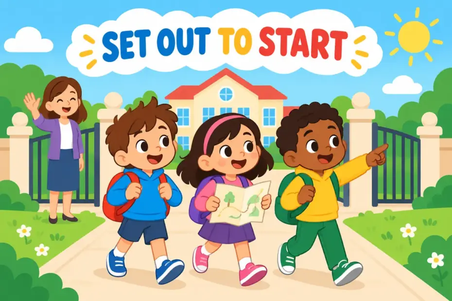 Cartoon children set out in a line with backpacks, showing set out in a sentence as the start of a journey.