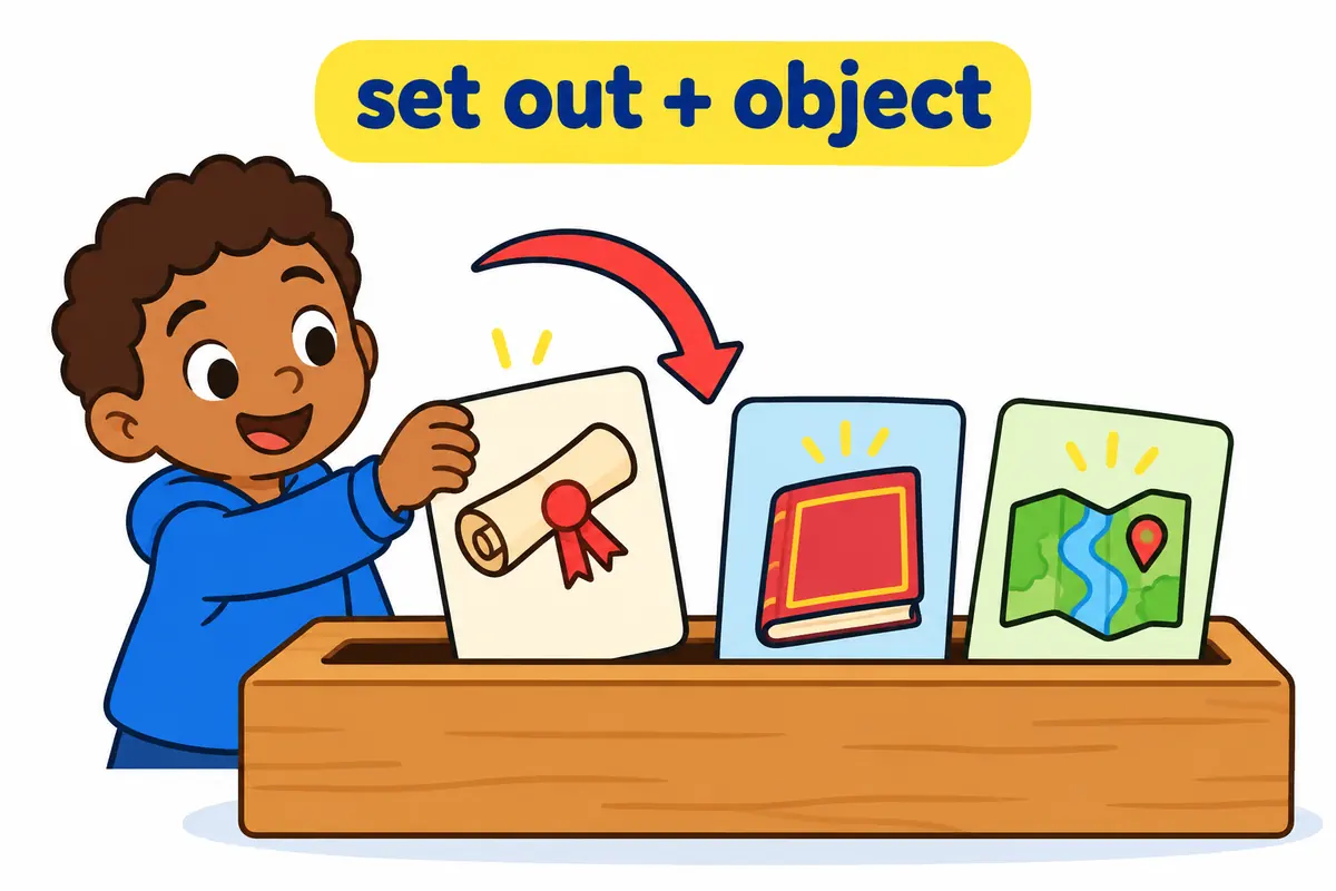 Cartoon cards show a contract, a rule book and a map dropping one by one into an object slot after the verb set out.