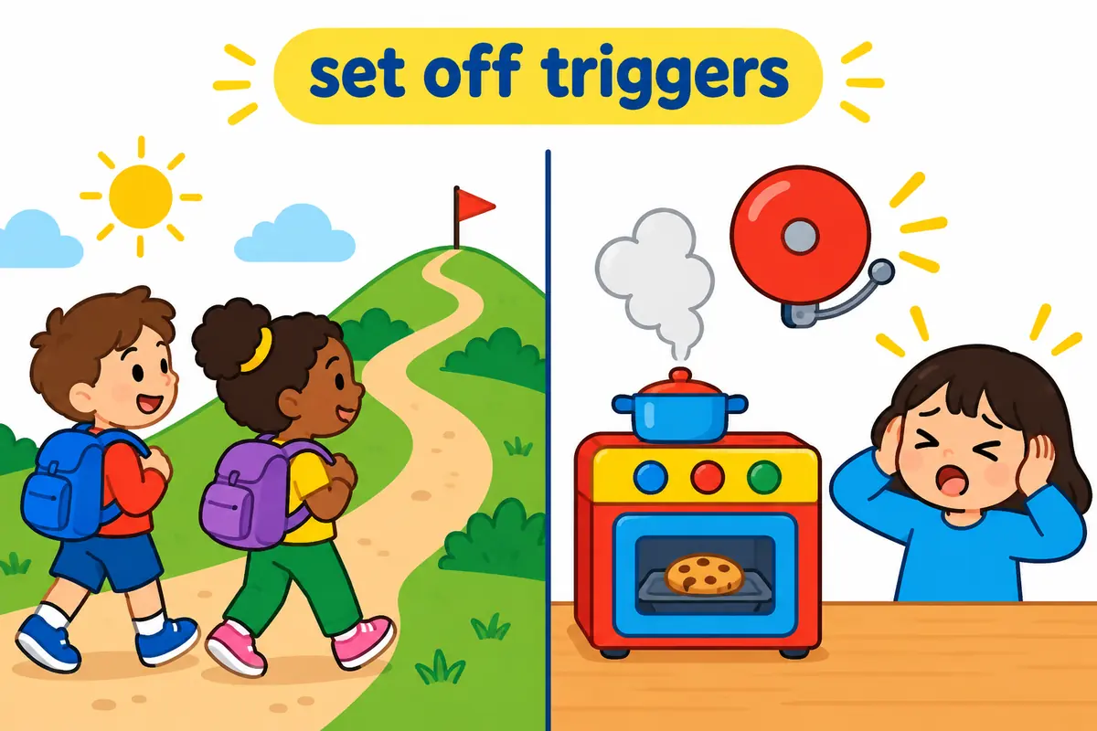 A cartoon split scene shows children departing on the left and a smoke puff ringing an alarm on the right.