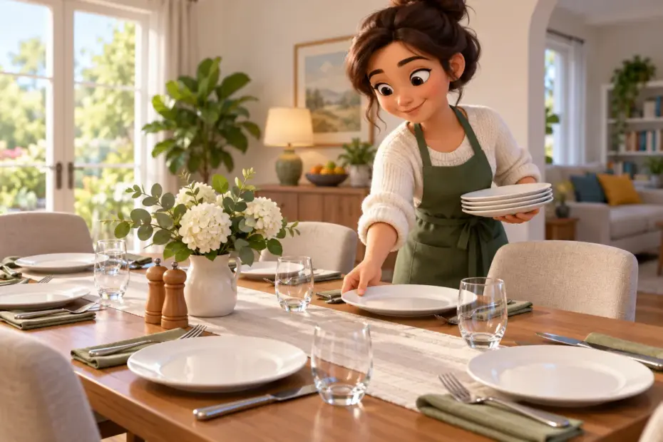 A family arranges plates and glasses around a neatly set dinner table.