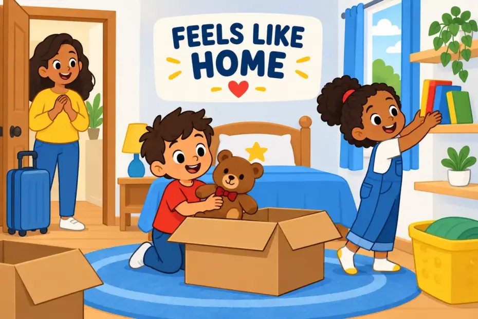 Cartoon children arrange toys in a new bedroom, showing what it means to settle in after moving house.