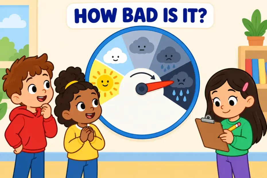Cartoon children move a weather dial from sun to storm, showing severity in a sentence as the degree of how bad something is.