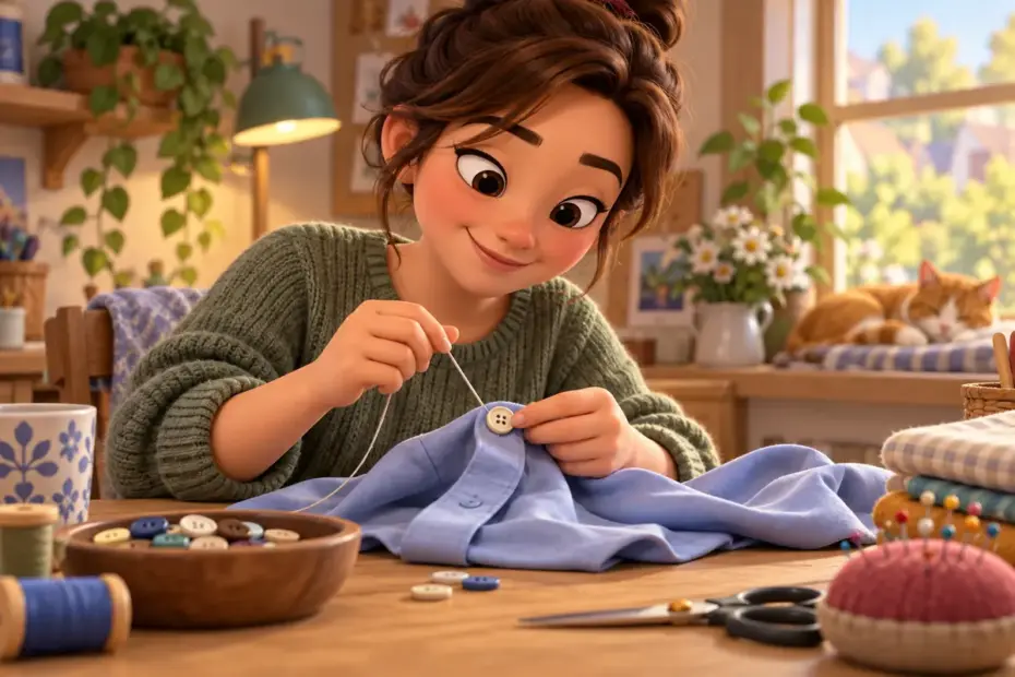 A person stitches a button onto a shirt at a sewing table.