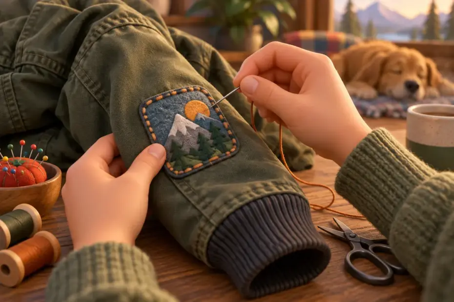 Hands sewing a patch onto a jacket sleeve.