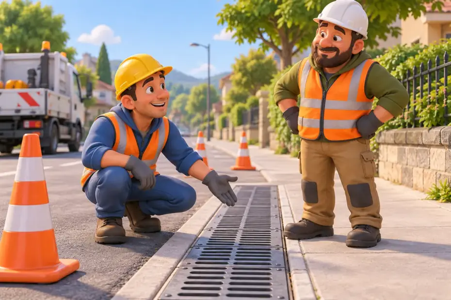 Workers stand beside a covered drainage channel on a street.