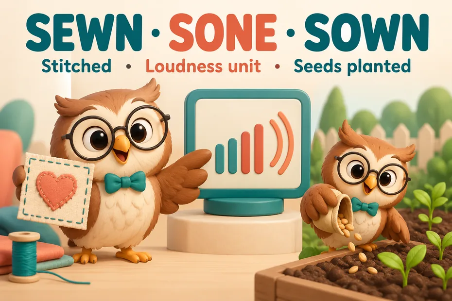 Sewn means stitched, sone is a loudness unit, sown refers to planting seeds