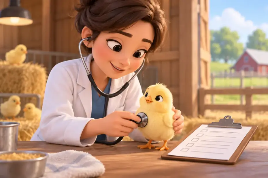 A researcher examining a chick beside a record clipboard.