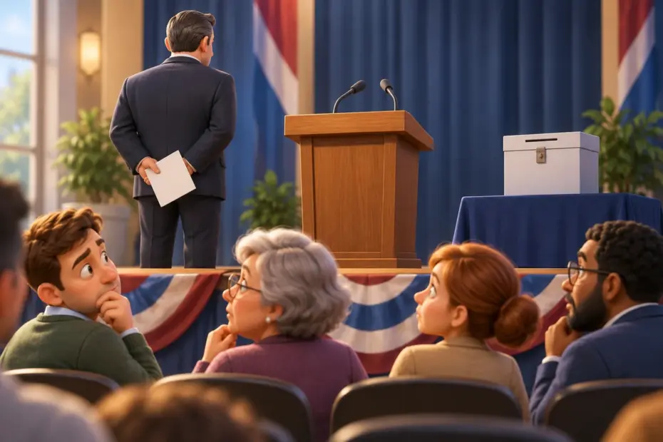 Observers notice a staged meeting beside a closed ballot box.