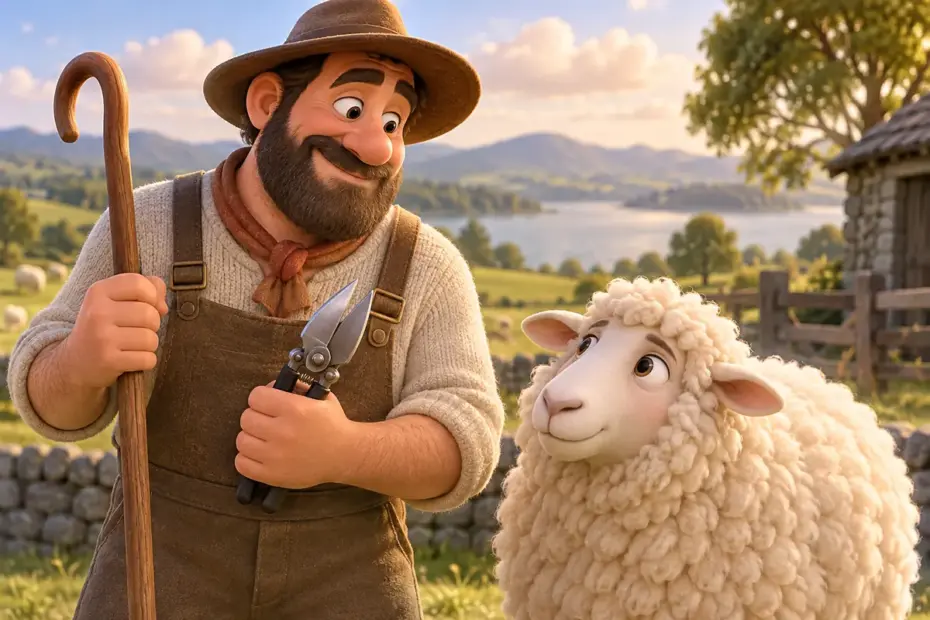 A shepherd holds closed shearing clippers beside a sheep.