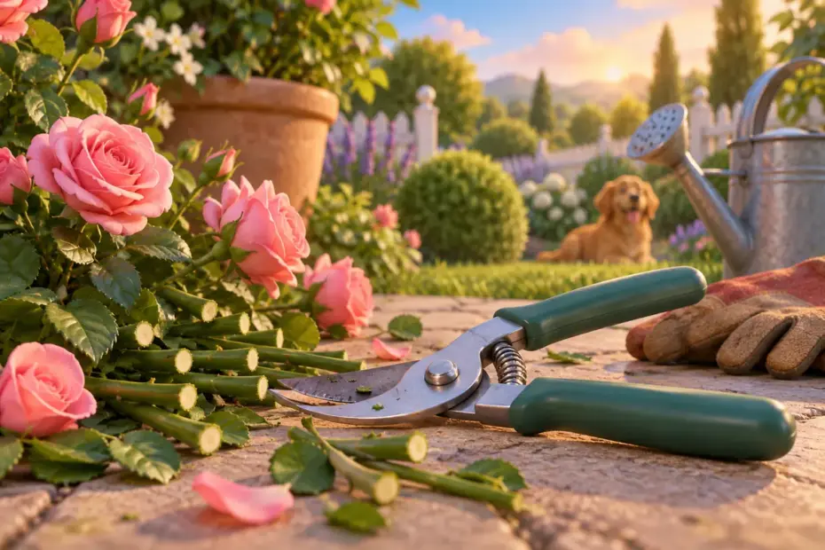 Garden shears beside freshly cut stems.