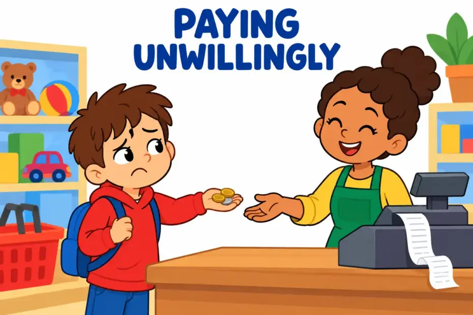 A cartoon shopper hands over coins at a till with a reluctant frown, showing shell out in a sentence.