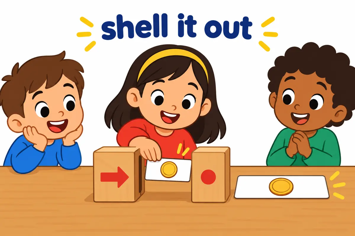 A cartoon child moves the word out past a coin card while a pronoun card stays in the middle.