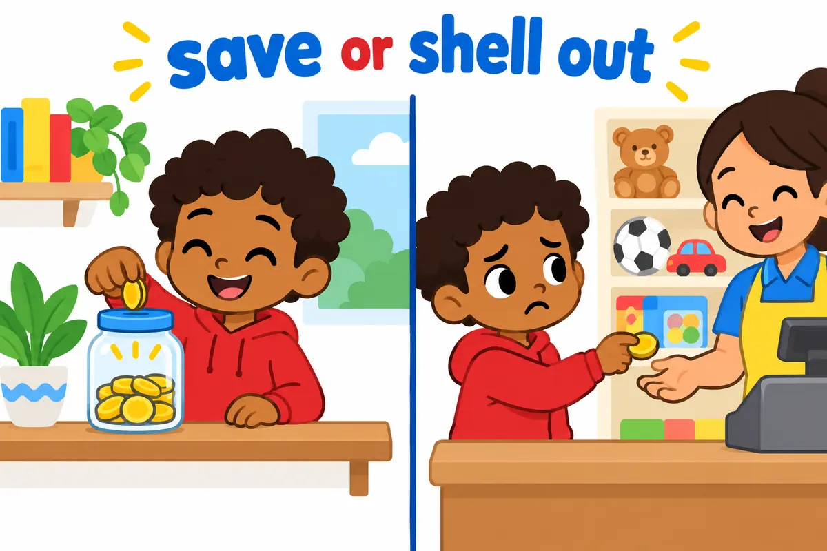A split cartoon contrasts a cheerful saver dropping coins in a jar with a reluctant payer at a till.