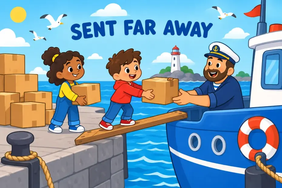 Cartoon children load boxes onto a boat at a harbour, showing ship off in a sentence as sending goods away to a distant place.