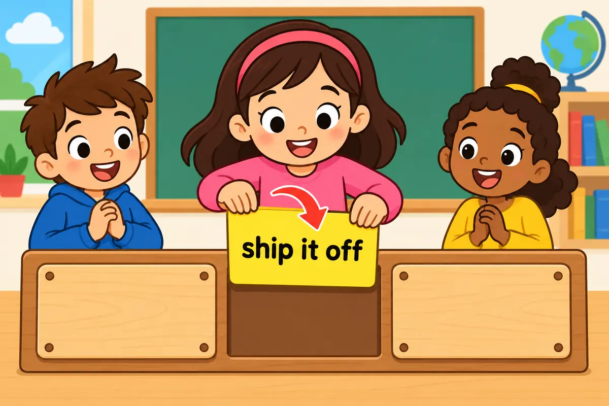 A cartoon child slides a small word card into the gap between two larger cards on a board.