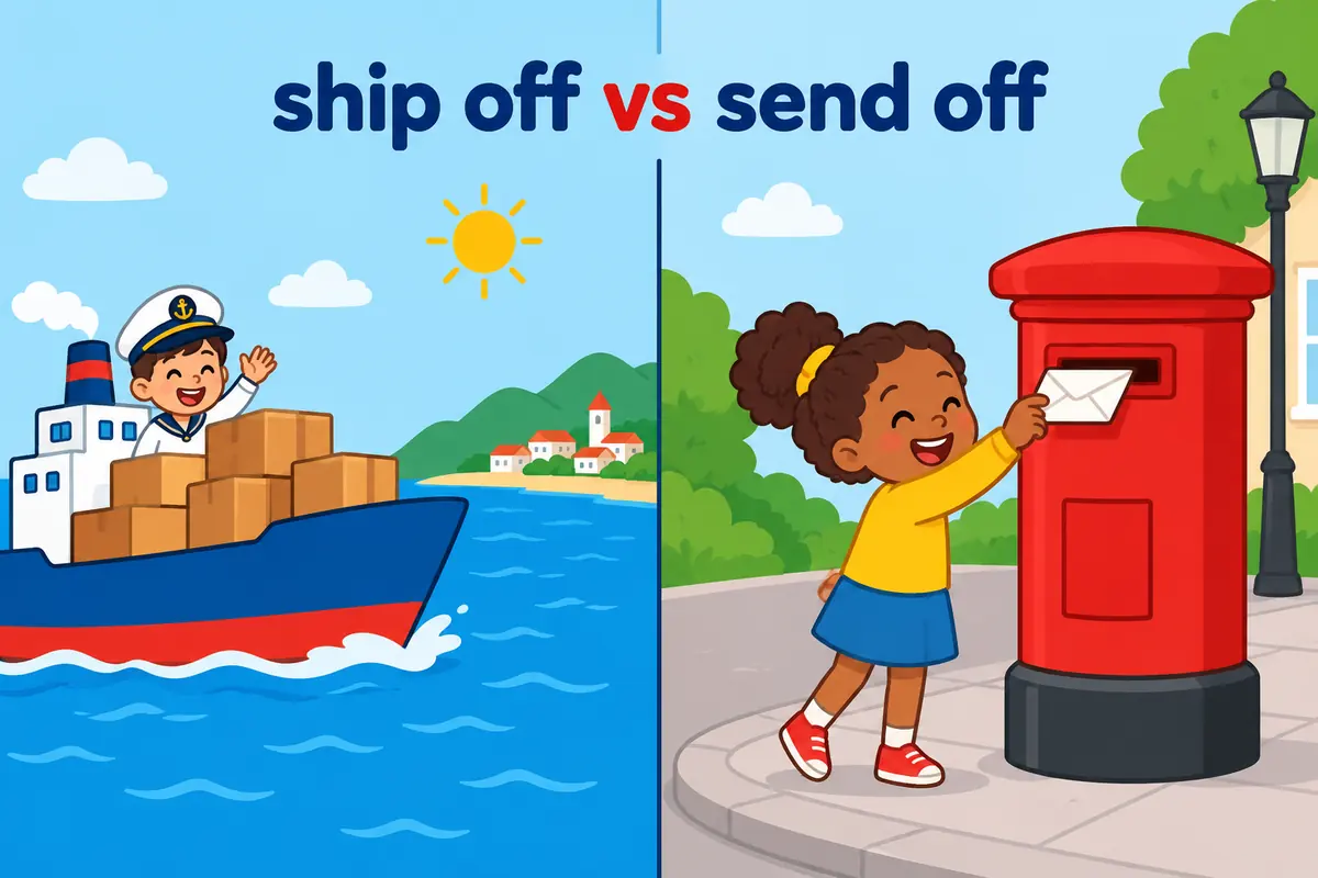 A cartoon split scene contrasts boxes travelling far overseas with a letter posted in a nearby box.