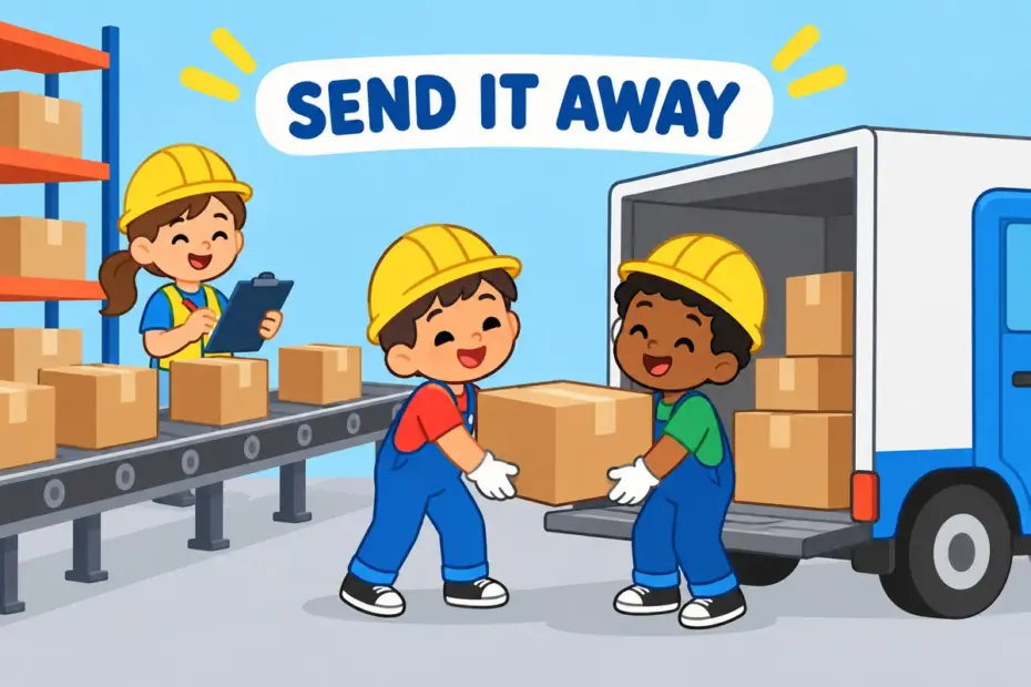 Cartoon workers load boxes onto a departing truck, showing ship out in a sentence as sending goods away.
