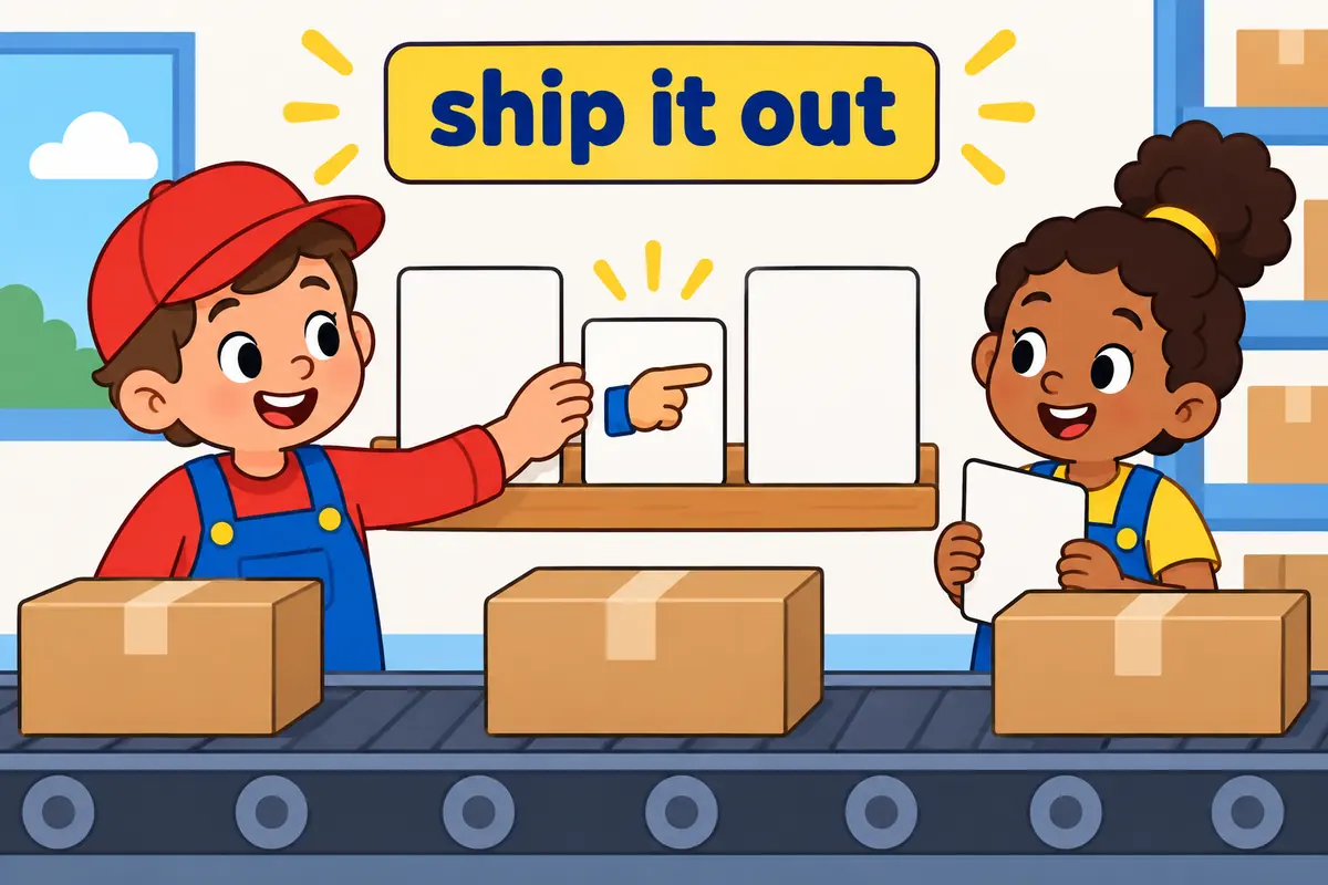 A cartoon warehouse worker slides a label card between the words ship and out while boxes wait on a belt.