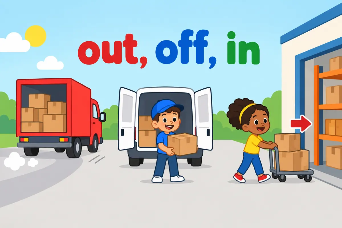 A cartoon split scene contrasts an outbound loaded truck, a van sent on an errand and boxes arriving on a conveyor.