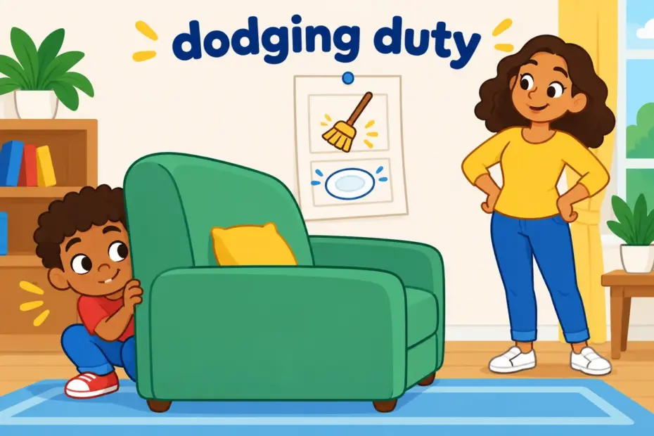A cartoon child hides behind a sofa to avoid a chore list pinned to the wall, teaching shirk in a sentence as dodging a duty.