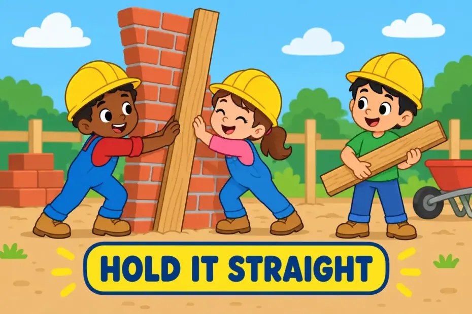 Cartoon builders brace a leaning wall with wooden beams, showing shore up in a sentence as supporting something weak.