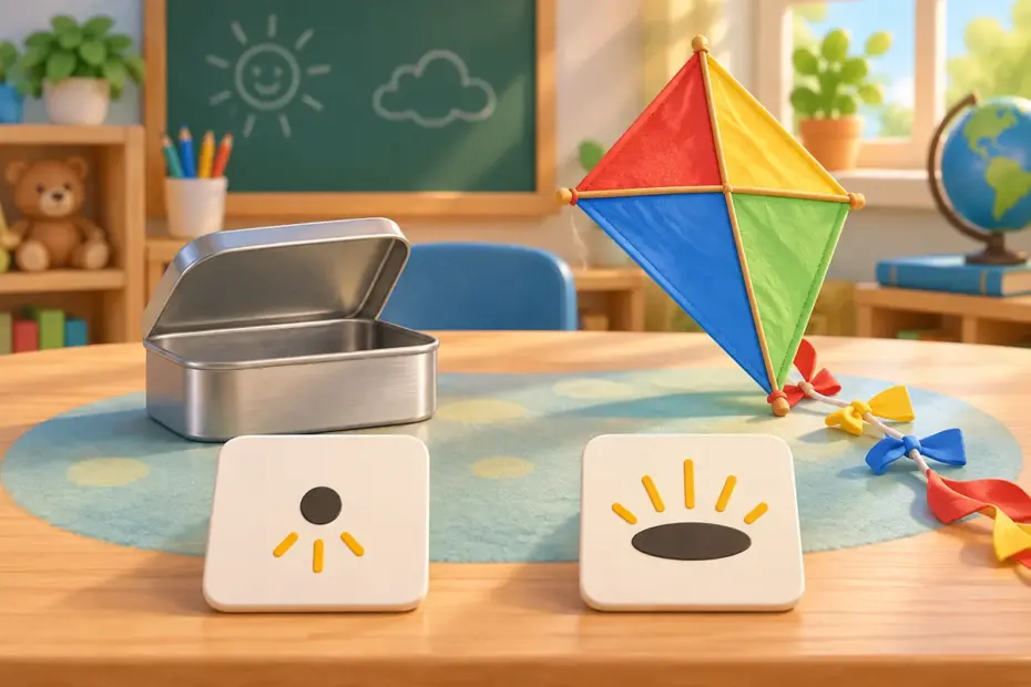 A learning table pairs a small tin with a kite to represent short and long I sounds.