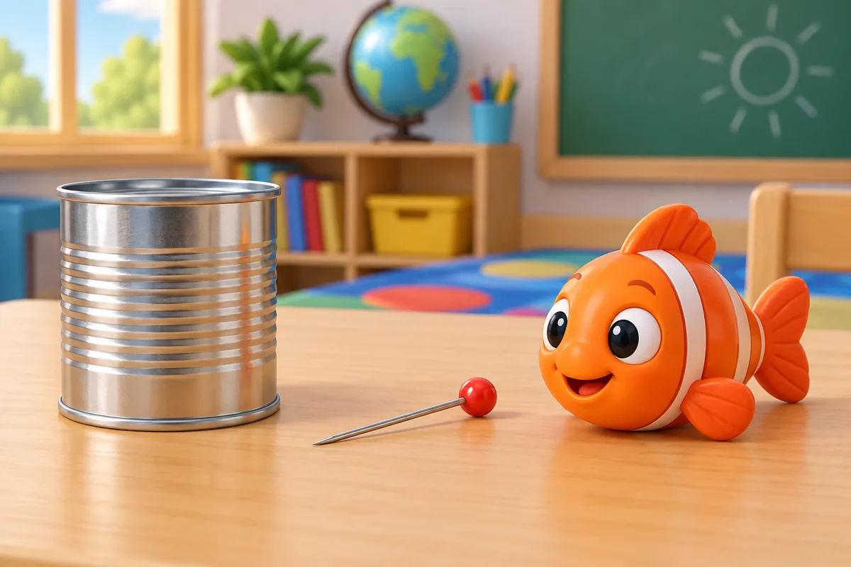 A tin can, pin, and fish illustrate words with the short I vowel sound.