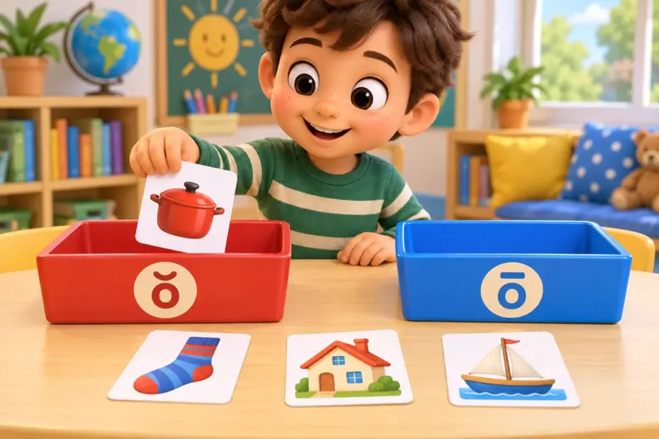 A child sorts picture cards showing a sock, pot, home, and boat into two sound groups.