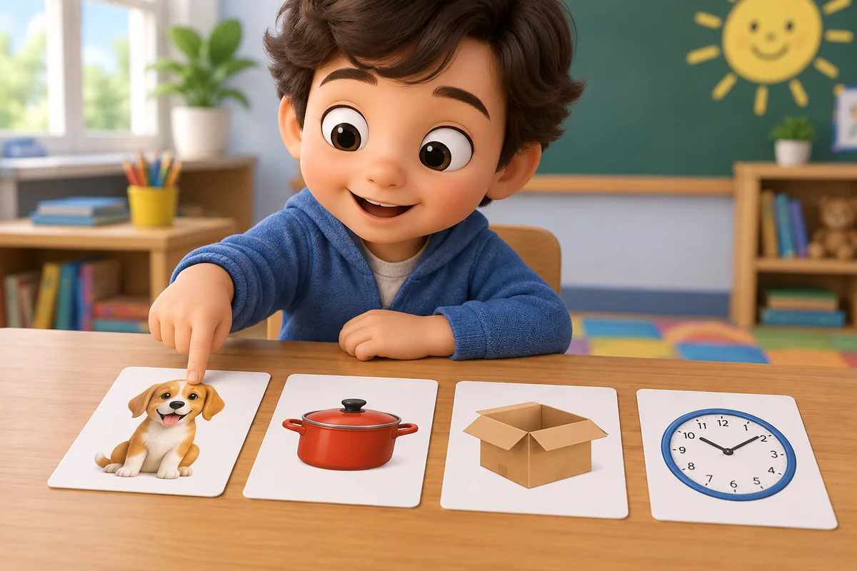 A learner points to picture cards of objects with the short O sound.