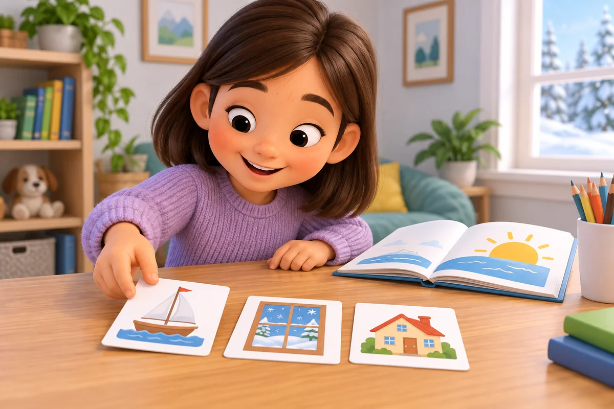 A learner groups pictures of a boat, snow, and a home for long O practice.