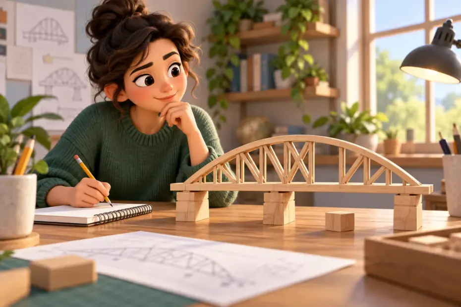 A designer examines a model bridge with one visibly missing support.