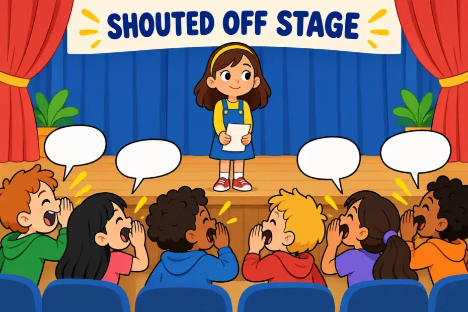Cartoon audience shouts over a speaker until she lowers her notes, showing shout down in a sentence as silencing a voice.