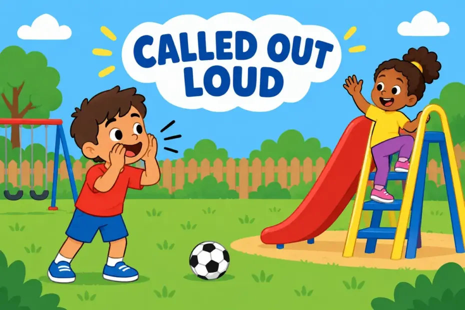 Cartoon child cups hands to call out a friends name in a sunny playground, showing shout out in a sentence as a loud public call.