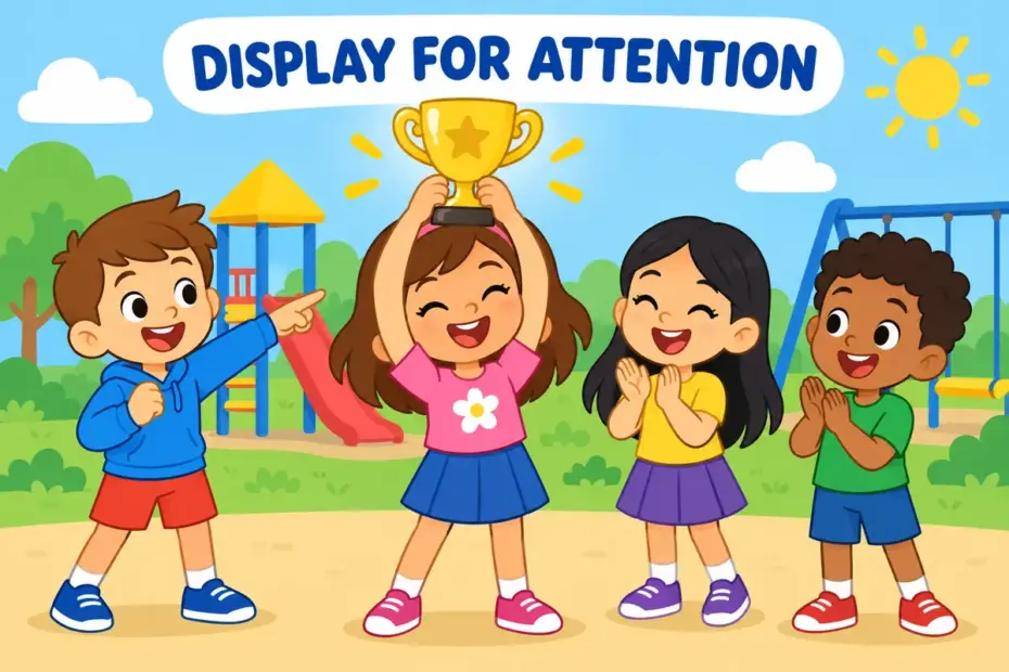 Cartoon girl holds up a shining trophy to classmates, showing show off in a sentence as displaying something for admiration.