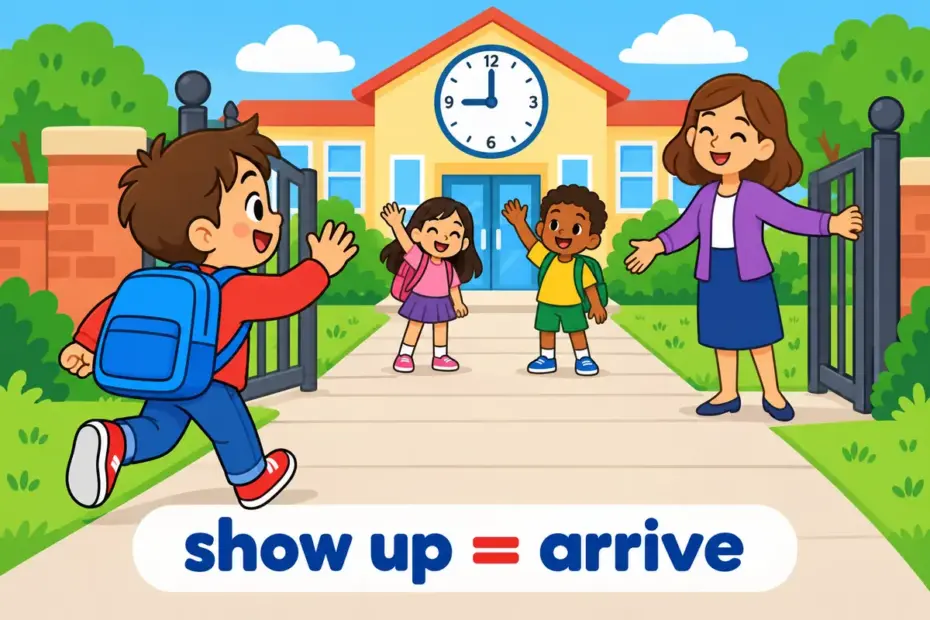 Cartoon child races to a school gate while friends wait, showing show up in a sentence as arriving when expected.