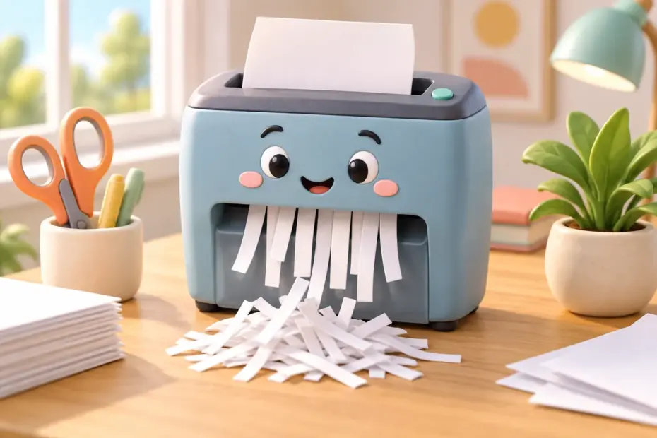 A playful 3D paper shredder sends blank paper strips into a neat pile beside a desk.