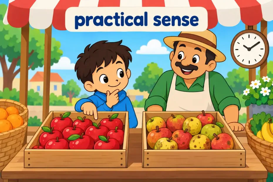 Cartoon children choose well at a market stall, showing shrewd in a sentence as sharp, practical judgement.