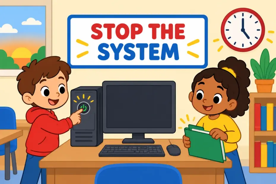 Cartoon children switch off a classroom computer neatly at the end of the day, showing shut down in a sentence as stopping a machine.