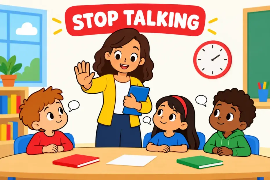 A cartoon teacher raises a hand as chatty pupils fall silent, showing shut up in a sentence as a command to stop talking.