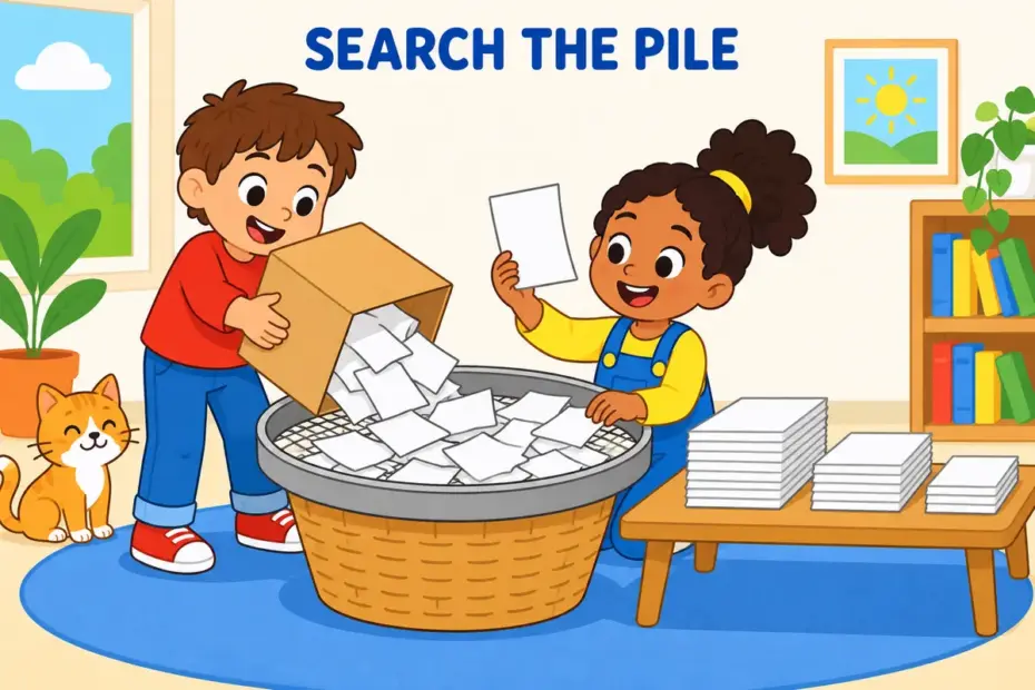 A cartoon child pours a box of papers through a sieve, showing sift through in a sentence as searching a large mass carefully.